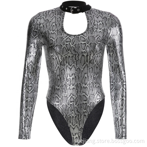 Snake Skin Halter Women Long Sleeve Sexy Bodysuit